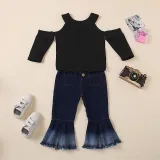 Toddler Kids Girl Two Pieces Cold-Shoulder Top and Denim Flares Set