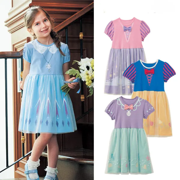 Toddler Kids Girl Round Collar Short Sleeve Mesh Princess Short Dress