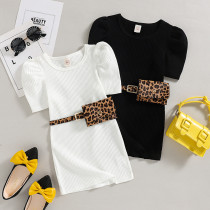 Toddler Kids Girl Short Sleeve with Leopard Print Belt Knitting Short Dress