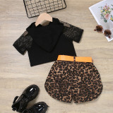 Toddler Kids Girl Two Pieces Black Hollow Out Tops and Leopard Print Shorts Set