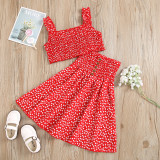 Toddler Kids Girl Two Pieces Smocked Sling Top and A-Line Polka Dots Dress Set