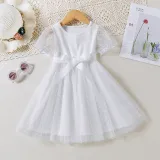 Toddler Kids Girl Short Puff Sleeve Splicing Mesh Dress