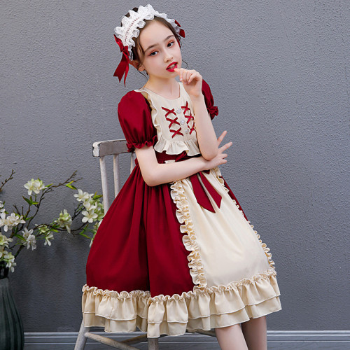 Kids Girl Lolita Wine Red Short Sleeve Bow Tie Lace Princess Dress Cosplay Costumes