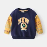 Toddler Boys Long Sleeve Cartoon Stitching Lattice Dinosaur SweatShirt