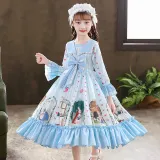 Kids Girl Lolita Purple Long Sleeve Bow Tie Cartoon Princess Dress Cosplay Costumes