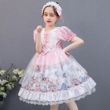Kids Girl Lolita Pink Short Sleeve Lace Bow Tie Princess A-Line Dress Cosplay Costumes