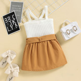 Toddler Kids Girl Two Pieces Sling Kintting Tank and Bow Tie Skirt Set