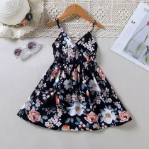 Toddler Kids Girl Dark Blue Sling Sleeveless Surplice Floral Printed Dress