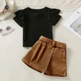 Toddler Kids Girl Two Pieces Lace Sleeve and Shorts with Belt Set