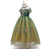Toddler Kids Girl Dark Green Mesh Round Collar Embroidery Maxi Gowns Princess Dress