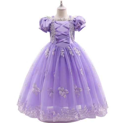 Toddler Kids Girl Puff Sleeve Cross Tie Mesh Princess  Dress Maxi Dress