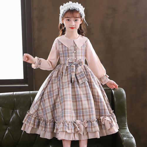 Kids Girl Lolita Pink Long Sleeve Bow Tie Princess A-Line Lattice Dress
