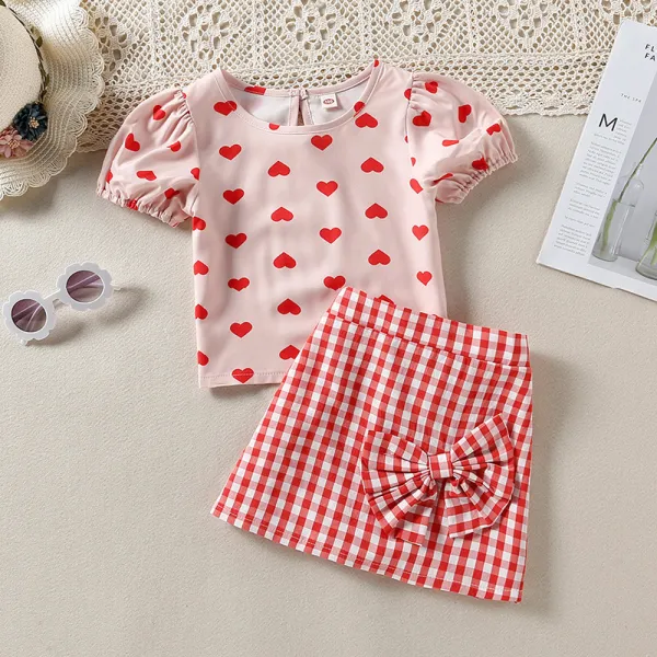 Toddler Kids Girl Two Pieces Heart Print Top and Red Lattice Skirt Set