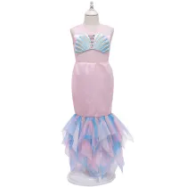 Toddler Kids Girl Sleeveless Mermaid Shell Mesh Maxi Dress with Pearl Jewelry