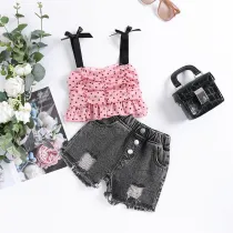 Toddler Kids Girl Two Pieces Polka Dots Chiffon Sling Top and Denim Shorts Set