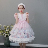 Kids Girl Lolita Pink Short Sleeve Lace Bow Tie Princess A-Line Dress Cosplay Costumes