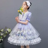 Kids Girl Lolita Purple Short Sleeve Bow Tie Lace Mesh Princess Dress Cosplay Costumes