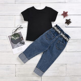 Toddler Kids Girl Two Pieces Black Short Sleeve Top and Denim Pants Set