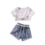 Toddler Kids Girl Two Pieces Short Sleeve Top and Denim Shorts Set