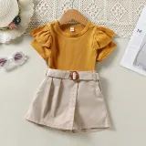 Toddler Kids Girl Two Pieces Lace Sleeve and Shorts with Belt Set