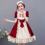 Kids Girl Lolita Wine Red Short Sleeve Bow Tie Lace Princess Dress Cosplay Costumes