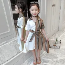 Toddler Kids Girl Color Stitching Stripe Shirt Dress with Belt