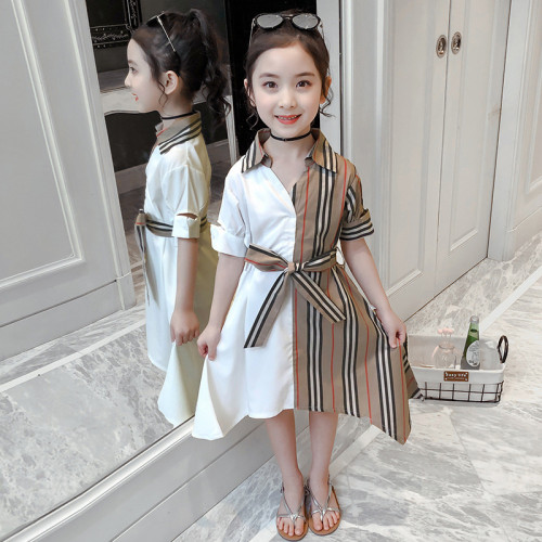 Toddler Kids Girl Color Stitching Stripe Shirt Dress with Belt