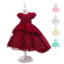 Toddler Kids Girl Short Sleeve Embroidered Layered Trailing Gowns Dress