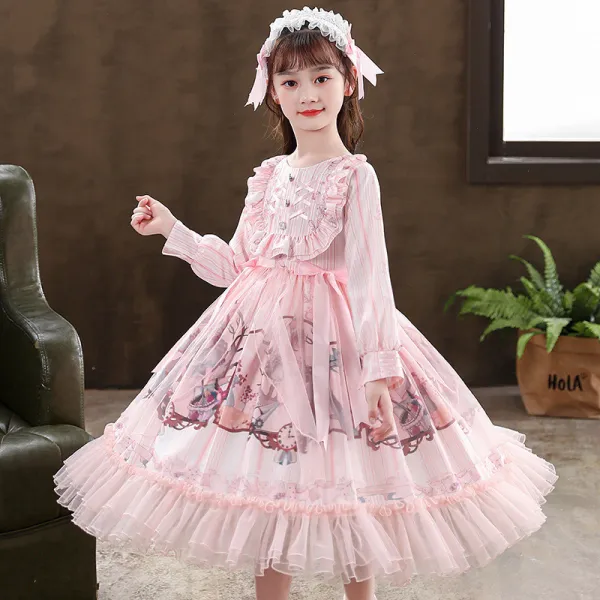 Kids Girl Lolita Pink Long Sleeve Bow Tie Princess A-Line Lace Dress Cosplay Costumes