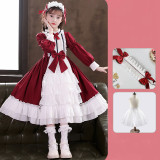 Kids Girl Lolita Long Sleeve Lace Bow Tie Princess Tutu Dress Cosplay Costumes with Headdress