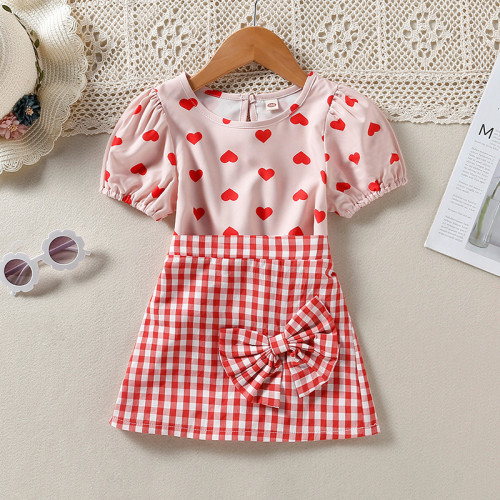 Toddler Kids Girl Two Pieces Heart Print Top and Red Lattice Skirt Set