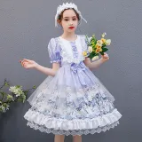 Kids Girl Lolita Purple Short Sleeve Bow Tie Lace Mesh Princess Dress Cosplay Costumes