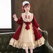 Kids Girl Lolita Long Puff Sleeve Lace Bow Tie Princess A-Line Dress Cosplay Costumes