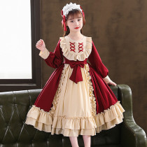 Kids Girl Lolita Long Puff Sleeve Lace Bow Tie Princess A-Line Dress Cosplay Costumes