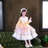 Kids Girl Lolita Long Sleeve Lace Bow Tie Princess Tutu Dress Cosplay Costumes