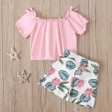 Toddler Kids Girl Two Pieces Pink Shorts Sleeve Tops and Floral Printed Skirt Set