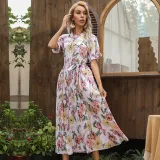 Women Short Sleeve Mock-Neck Floral Printed Polyester Maxi Dress