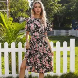 Women Short Lotus Leaf Sleeve Floral Printed Midi Dress
