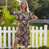 Women Short Lotus Leaf Sleeve Floral Printed Midi Dress