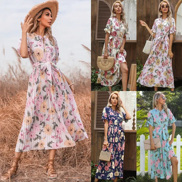 Women Short Sleeve Mock-Neck Floral Printed Polyester Maxi Dress
