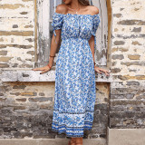 Women Blue Off-the-Shoulder Short Sleeve Vintage Print Maxi Dress