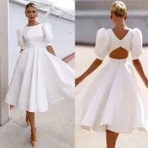 Women Puff Sleeve A-Line High Waist Big Swing Formal Midi Dress