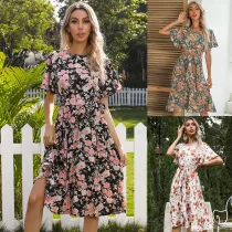 Women Short Lotus Leaf Sleeve Floral Printed Midi Dress