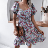 Women Puff Sleeve Waist Sweetheart Floral Printed Mini Dress