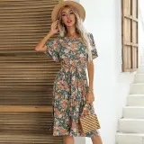 Women Short Lotus Leaf Sleeve Floral Printed Midi Dress