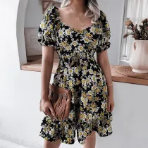 Women Puff Sleeve Waist Sweetheart Floral Printed Mini Dress
