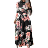 Women Short Sleeve Mock-Neck Floral Printed Swing Maxi Dress