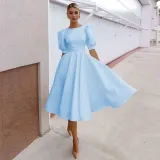 Women Puff Sleeve A-Line High Waist Big Swing Formal Midi Dress