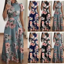 Women Short Sleeve Mock-Neck Floral Printed Swing Maxi Dress