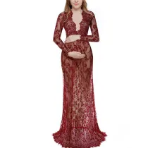 Pregnant Women V-neck Long Sleeve Lace Perspective Trailing Maxi Dress